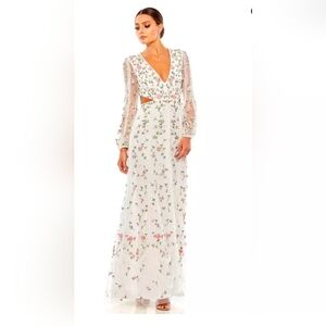 Mac Duggal Embroidered Long Illusion Sleeve Sheath Gown